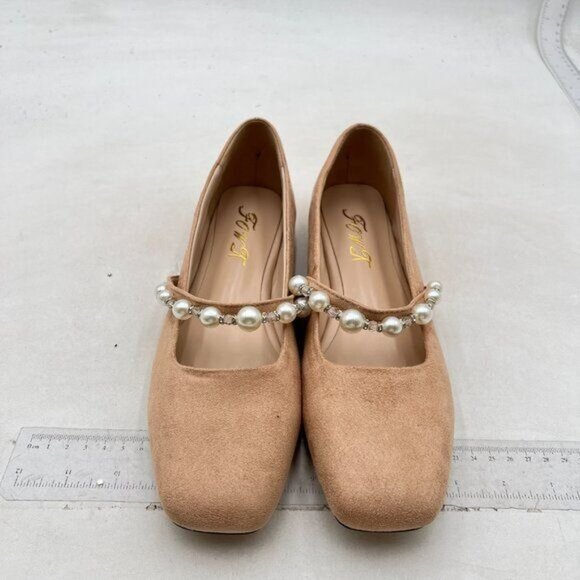 FOWT Nude Square Toe Slip on Flats Pearl Studded Strap Elegant Wedding Pumps - Picture 3 of 8